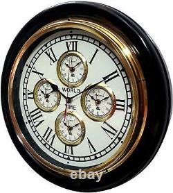 Vintage Wooden & Brass Wall Clock, World Time Clock, Home & Office Wall Decor
