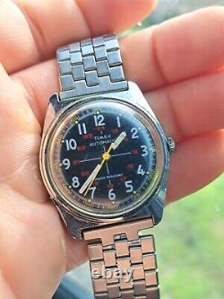 Vtg Timex Viscount 12/24 Military Black Dial Automatic 46170-0177A Wrist Watch