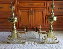 19e Century Anticique Polished Georgian Brass Fireplace Andirons Beautiful