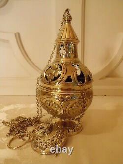 Ancien Vintage Ornate Brass Catholic Church Censer Incense Burner Poli Lt B