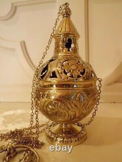 Ancien Vintage Ornate Brass Catholic Church Censer Incense Burner Poli Lt B
