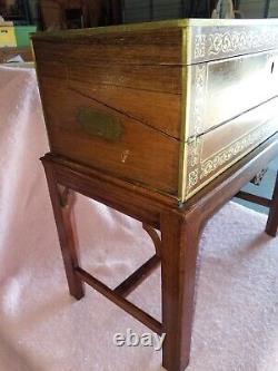 Antique English Lap Desk/campaign Chest Withstand Rosewood With Brass Trim