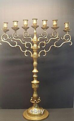 Antique Menorah Brass Polonais Armoiries Rotatives 7 Branche 1890s, 23, Hanukkah