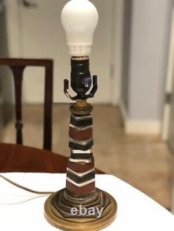 Arts et métiers antiques en laiton, onyx, quartz rouge et pierres semi-précieuses polies Lampe c1920