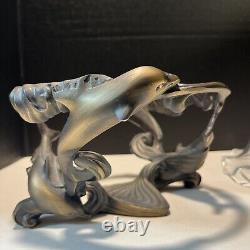 Bol de centre en verre LENOX Roumanie avec support dauphin en laiton/bronze 9 1/8L 5,5H