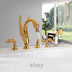 Ensemble de robinets de bassin en 5 pièces, robinet de baignoire doré en forme de cygne, douchette à main et mélangeur de robinets de douche