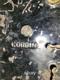 Ensemble de serrure de porte Corbin Antique en laiton poli, avec clé, boutons, plaques, style victorien.