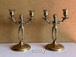 Paire de chandeliers de Shabbat en laiton massif Pologne Antique Vintage Bougeoirs