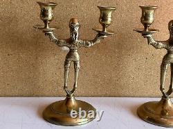 Paire de chandeliers de Shabbat en laiton massif Pologne Antique Vintage Bougeoirs