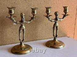 Paire de chandeliers de Shabbat en laiton massif Pologne Antique Vintage Bougeoirs