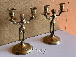 Paire de chandeliers de Shabbat en laiton massif Pologne Antique Vintage Bougeoirs