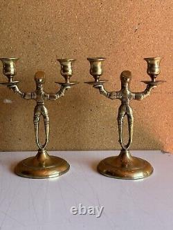 Paire de chandeliers de Shabbat en laiton massif Pologne Antique Vintage Bougeoirs