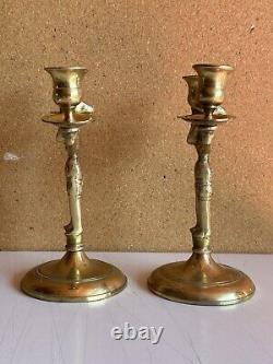 Paire de chandeliers de Shabbat en laiton massif Pologne Antique Vintage Bougeoirs