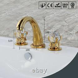 Robinet mélangeur pour lavabo de salle de bain en laiton doré poli antique avec poignées en cristal