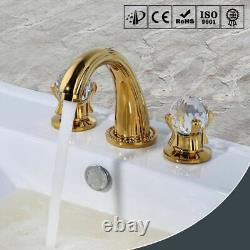 Robinetterie de lavabo en laiton doré antique poli avec poignées en cristal