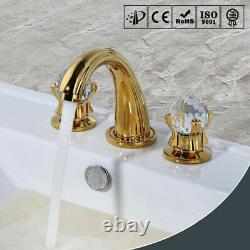 Robinetterie de lavabo en laiton doré poli antique avec poignées en cristal