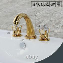 Robinetterie de lavabo en laiton doré poli antique avec poignées en cristal