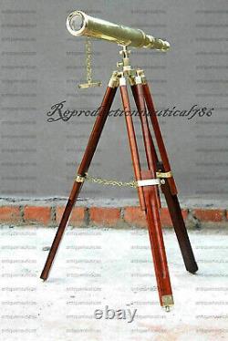 Télescope caché en laiton antique de 18 pouces avec trépied en bois brun poli - Cadeau