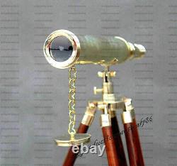 Télescope caché en laiton antique de 18 pouces avec trépied en bois brun poli - Cadeau