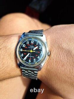 Vtg Timex Viscount 12/24 Military Black Cadran Automatique 46170-0177a Wrist Watch