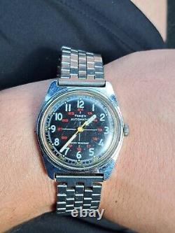 Vtg Timex Viscount 12/24 Military Black Cadran Automatique 46170-0177a Wrist Watch
