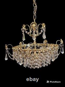 lustre Schonbek des années 1960, style Hollywood Regency en cristal et laiton poli