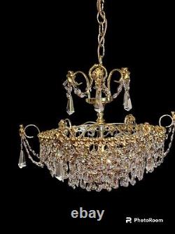 lustre Schonbek des années 1960, style Hollywood Regency en cristal et laiton poli